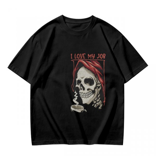 Olive Graphic T-Shirt with Skull and 'I Love My Job' Print