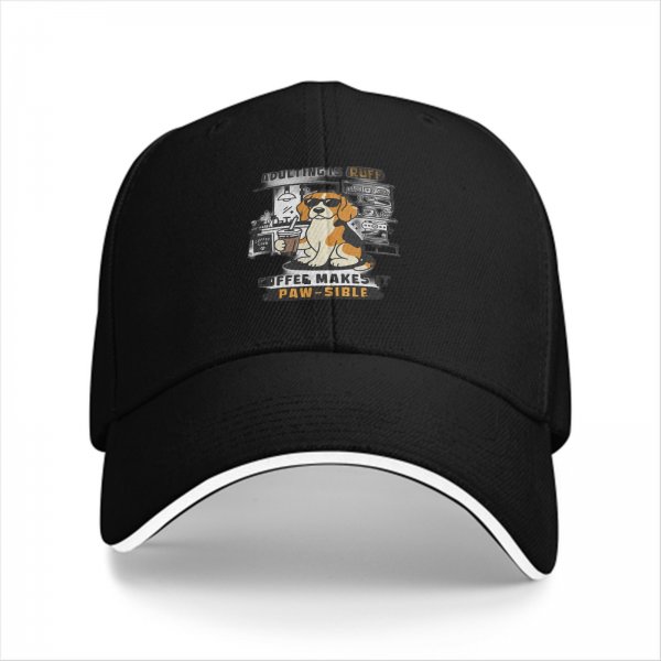 Black baseball cap with beagle dog coffee pun graphic