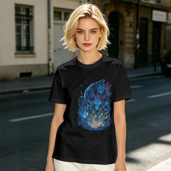 Olive T-Shirt With Blue Fantasy Monster Graphic Print