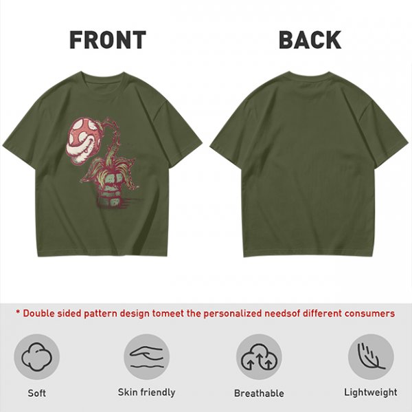 Olive Green T-Shirt With Piranha Plant Graphic Print