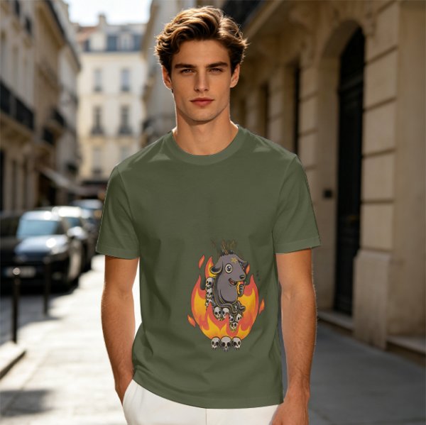 Olive T-Shirt With Cartoon Goat On Flames And Skulls Print
