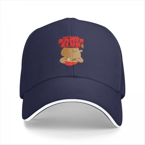 Black baseball cap with capybara eating ramen ramen club print