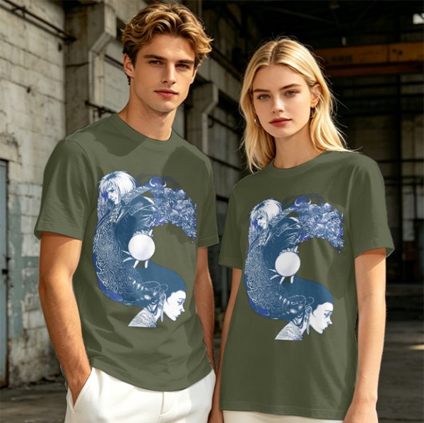 Olive T-Shirt With Two Facing Fantasy Figures And Orb Art Print