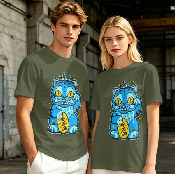 Olive T-Shirt With Blue Maneki-Neko Monster Graphic Print