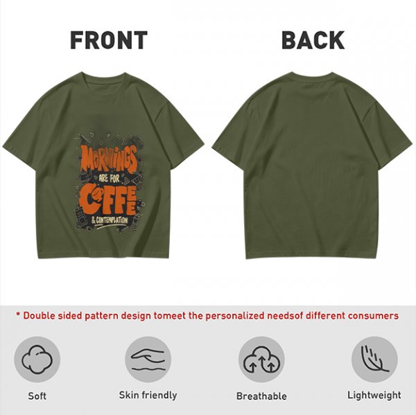 Olive t-shirt with 'Mornings are for coffee & contemplation' print