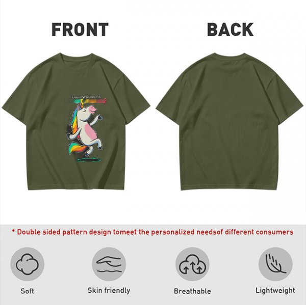 Olive T-shirt with Dancing Rainbow Unicorn Graphic Print