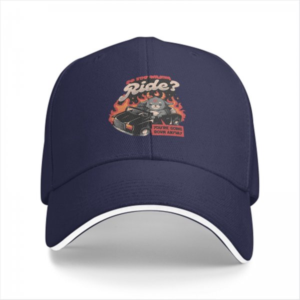 Black baseball cap with devil cat driving flaming car 'Do You Wanna Ride?' print