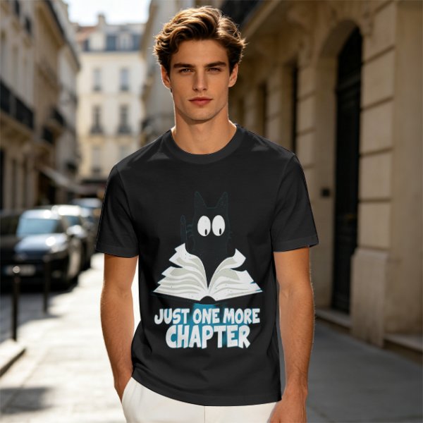 Olive T-Shirt with Black Cat Reading Book 'Just One More Chapter' Print