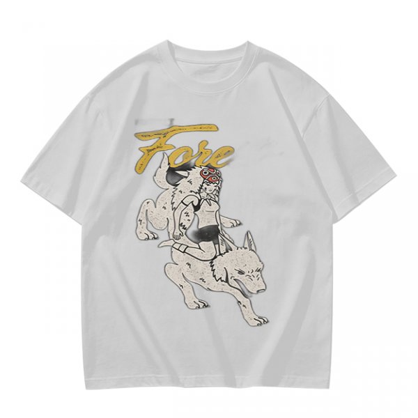 Olive graphic t-shirt with wolf rider and 'Fore' text print