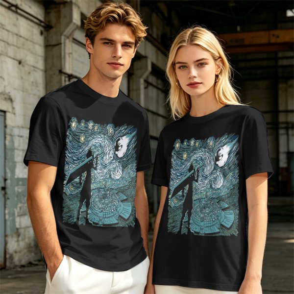 Olive T-shirt with Starry Night Style Fantasy Warrior Print