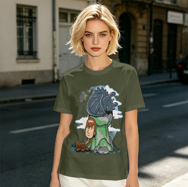 Olive T-Shirt Featuring Hiccup and Toothless from How to Train Your Dragon