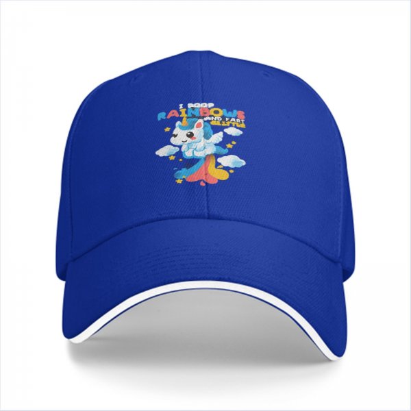 Black baseball cap with playful unicorn rainbow poop graphic