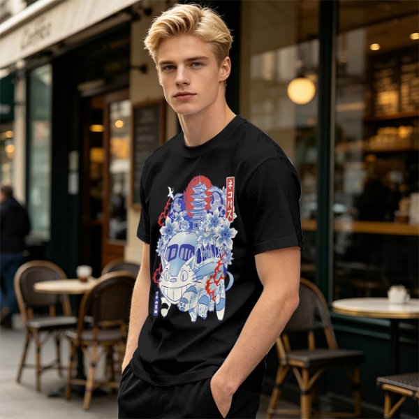Olive green t-shirt with cat bus and Japanese traditional art print