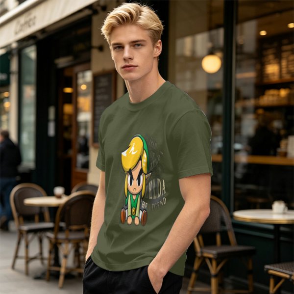Olive T-shirt with Chibi Link from The Legend of Zelda Print