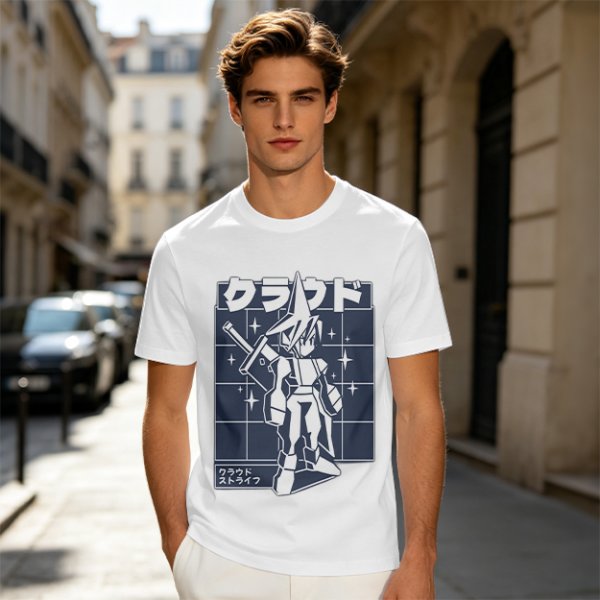 Olive t-shirt with stylized anime warrior graphic and Japanese text