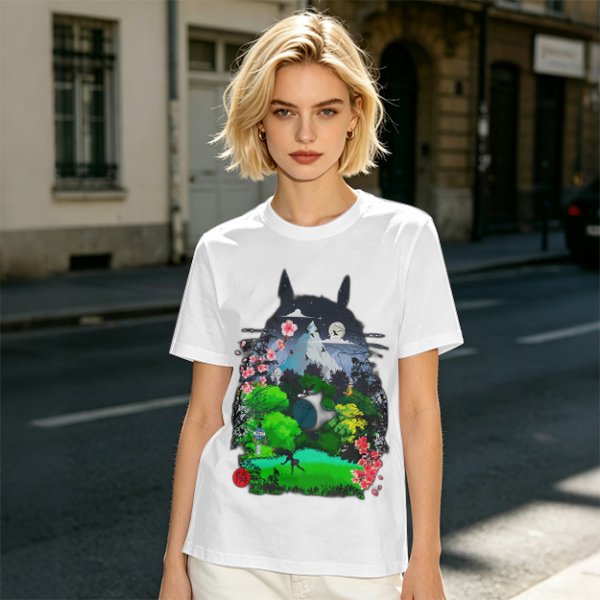 Olive Green T-Shirt with Totoro Nature Landscape Graphic Print