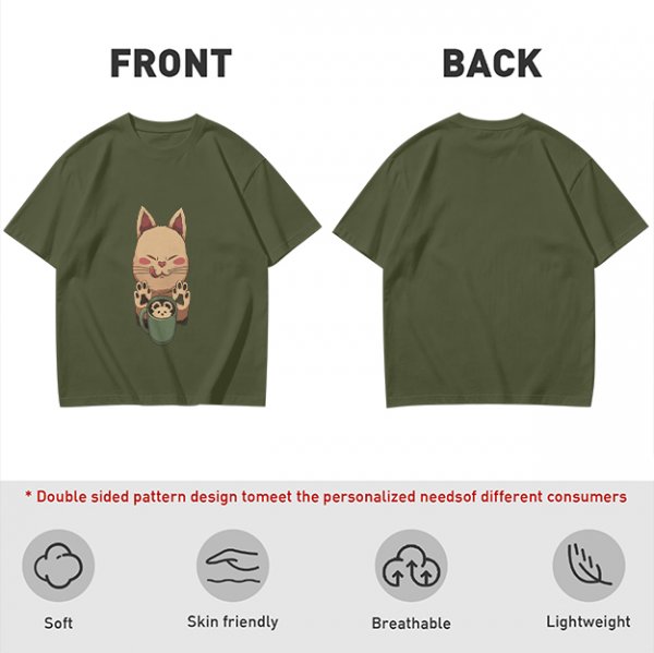 Olive green t-shirt with cute cat holding a mug print