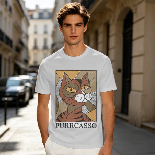 Olive green t-shirt with cubist style cat print and Purrcasso text
