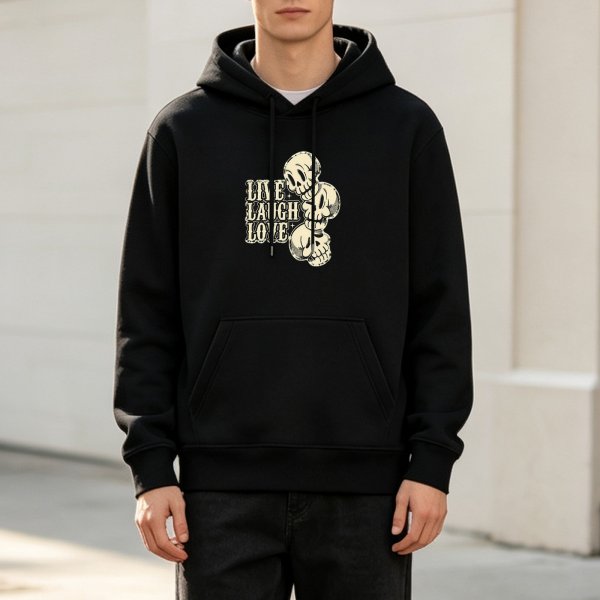 Black hoodie with Live Laugh Love and stacked skull graphic