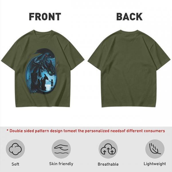 Olive T-shirt with How to Train Your Dragon Toothless and Hiccup Art