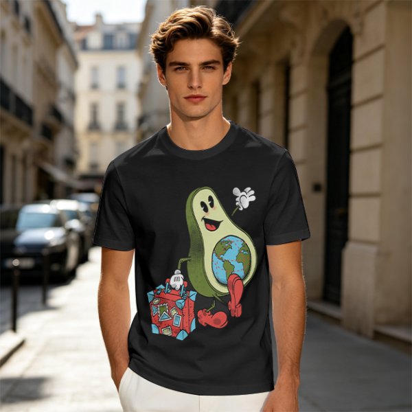 Olive T-Shirt with Cartoon Avocado Globe Travel Print