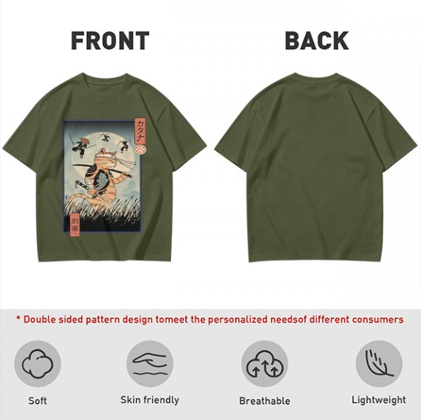 Samurai Cat Fighting Ninjas Ukiyo-e Style Graphic T-Shirt