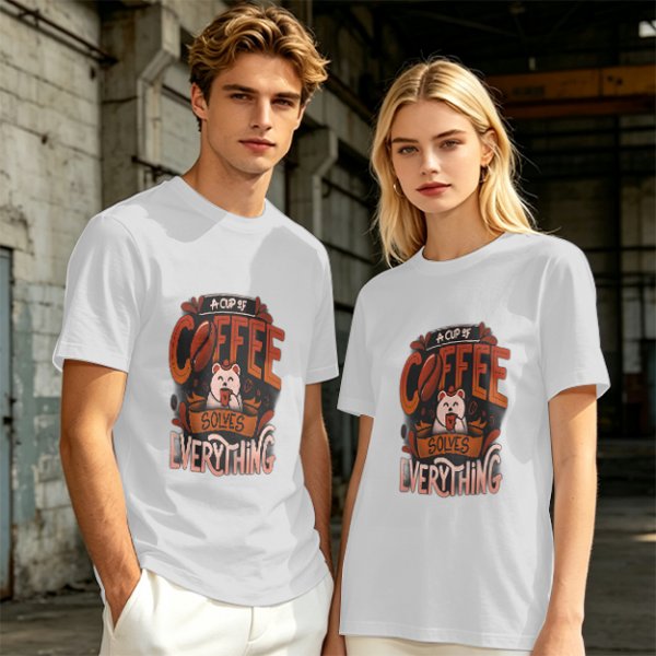 Olive t-shirt with coffee bear graphic that says a cup of coffee solves everything