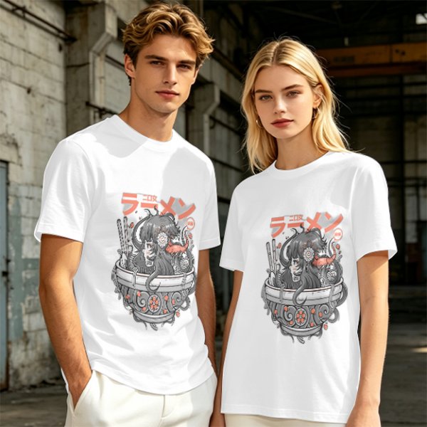 Olive Green T-Shirt with Japanese Ramen Themed Anime Art Print
