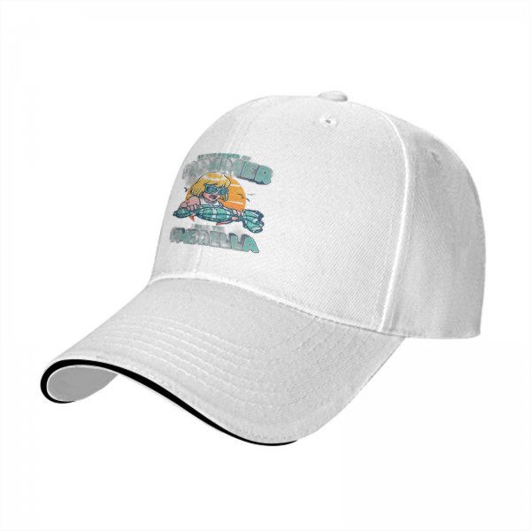 Black baseball cap with summer umbrella graphic and retro sun design