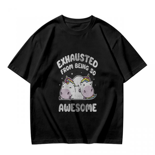 Olive t-shirt with exhausted unicorn hippo graphic and funny text