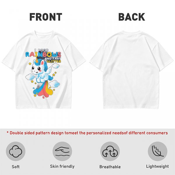 Olive t-shirt with playful unicorn rainbow poop and glitter fart graphic