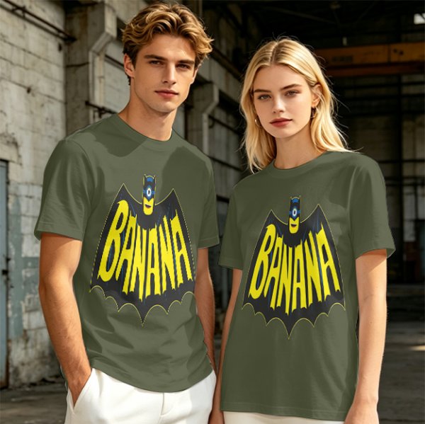 Olive green t-shirt with banana bat logo graphic
