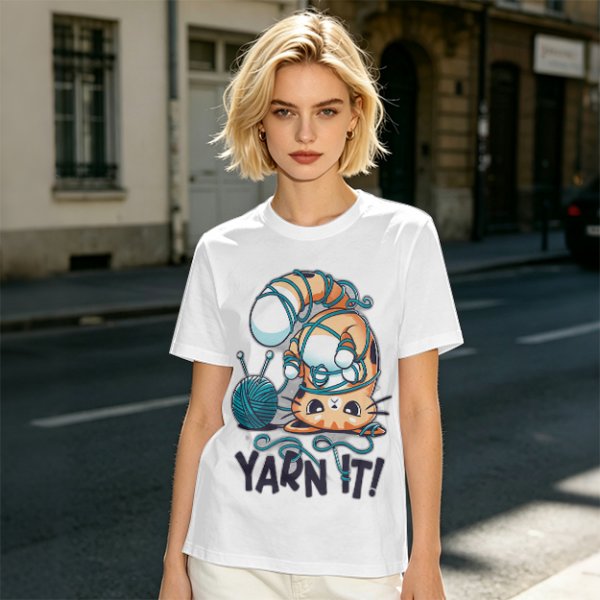 Olive T-shirt with Tangled Orange Cat Yarn It Print