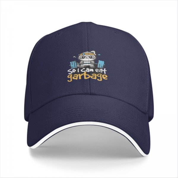 Black baseball cap with raccoon lifting weights and 'so i can eat garbage' text