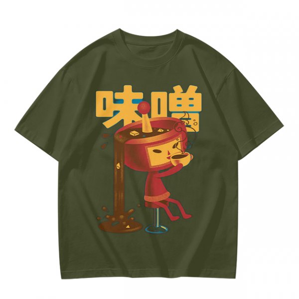 Olive green t-shirt with whimsical miso character graphic print