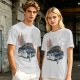 Olive Green Graphic T-Shirt with Classic Dark Car and Orange Text Print