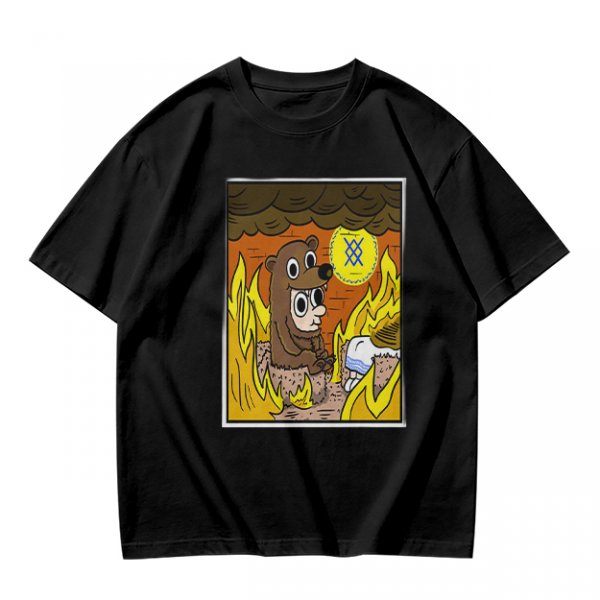 Olive T-shirt with Cartoon Bear Costume Figure in Flames Art