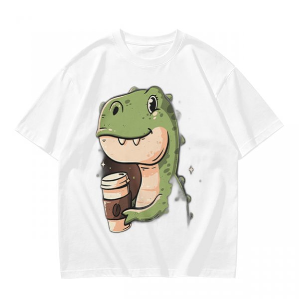 Olive T-shirt with Cute Dinosaur Holding Coffee Print