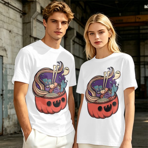 Halloween pumpkin ramen bowl with cute monster graphic t-shirt