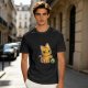 Olive T-shirt with mischievous orange cat knocking over green cup print