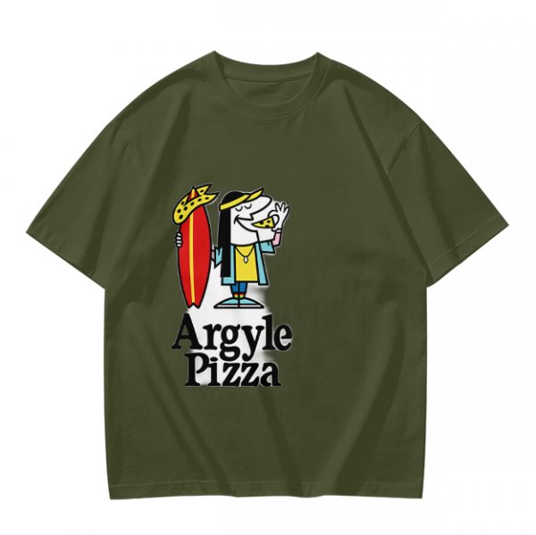 Olive T-Shirt with Surfer Pizza Character and Argyle Pizza Print