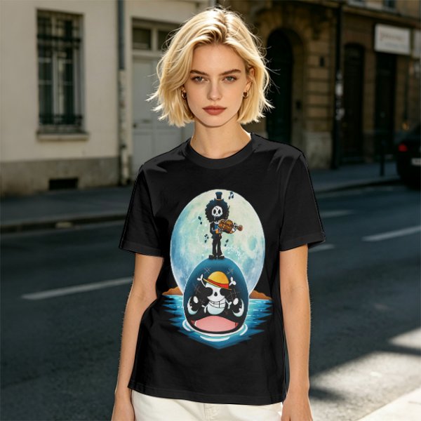 One Piece Brook Playing Violin on Laboon Whale Moon T-Shirt Print