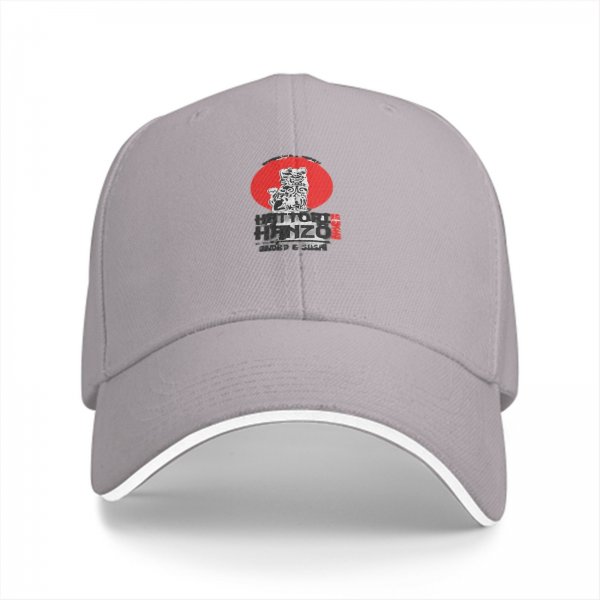 Black baseball cap with red sun and warrior graphic print