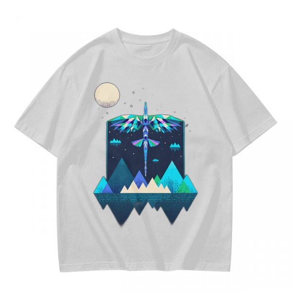 Olive T-Shirt With Geometric Dragonfly Mountain Night Scene Print