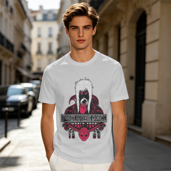Olive graphic tee with dark fantasy character and tour print