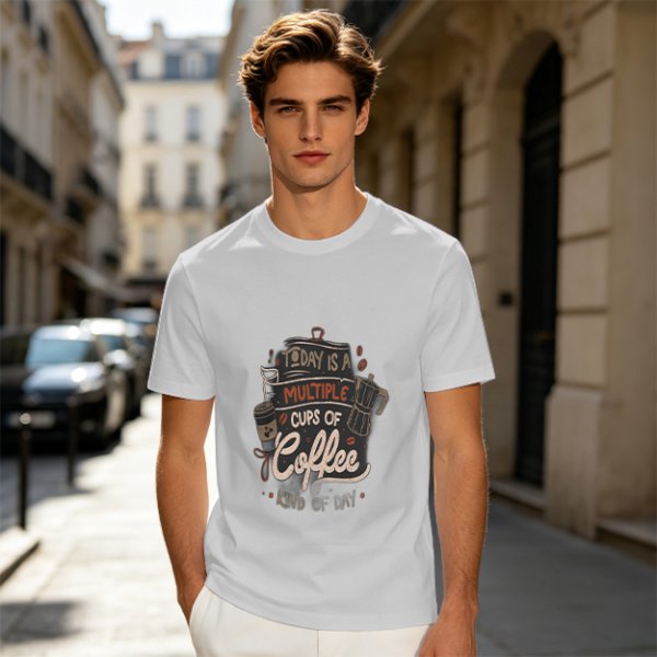 Olive green t-shirt with coffee themed 'Today is a multiple cups of Coffee' print
