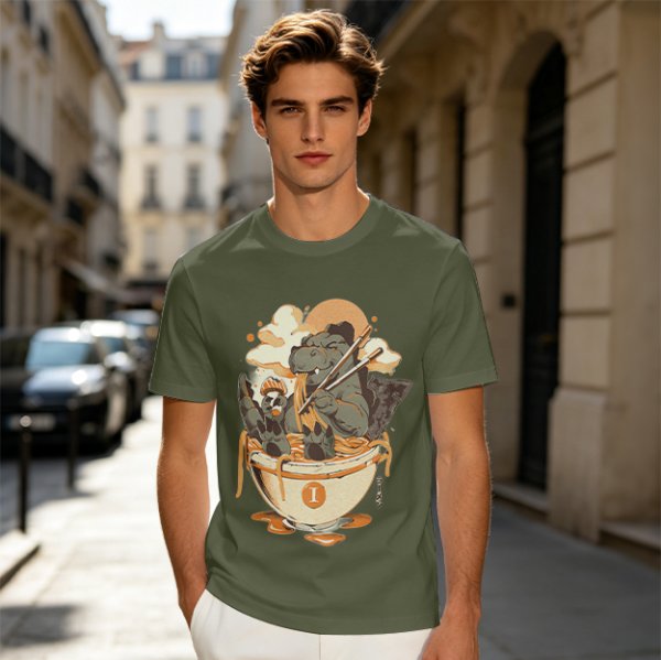 Olive T-Shirt Featuring Godzilla Eating Ramen Noodles