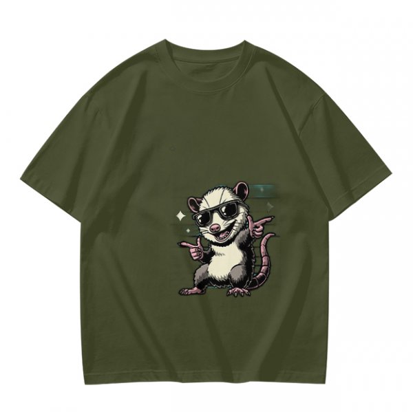 Olive T-Shirt With Cool Sunglass Wearing Opossum Graphic