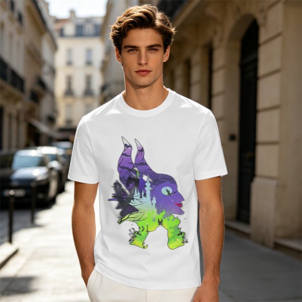 Olive green t-shirt with Maleficent fantasy silhouette graphic