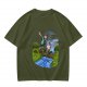 Olive T-shirt with Cartoon Boys Balancing on Log Over Stream
